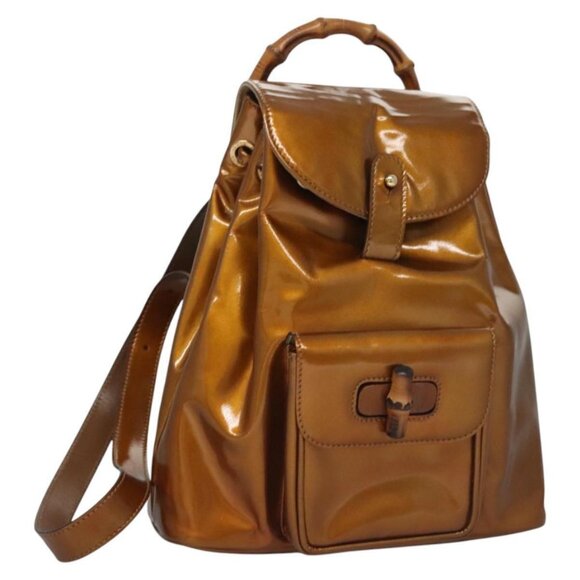 GUCCI Bamboo Backpack Patent leather Bronze Gold - Picture 1 of 16